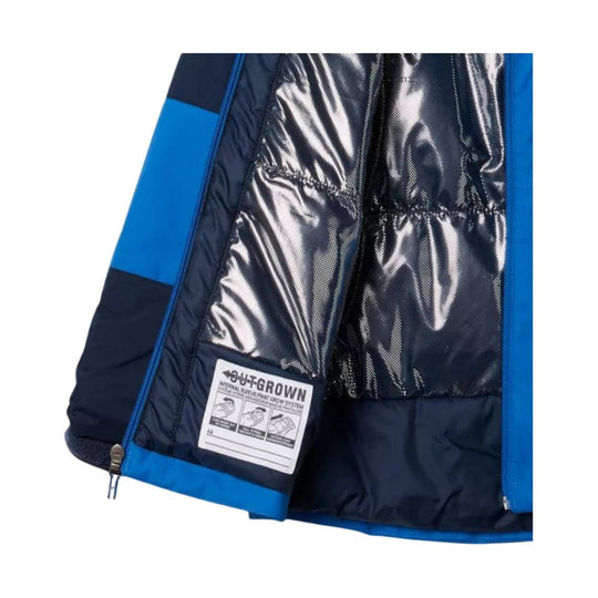 Open navy and blue insulated jacket showing shiny lining and internal grow-system label.