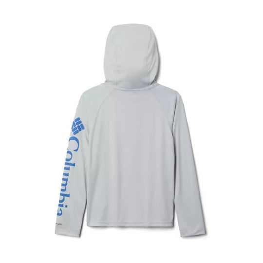 Light gray hooded long-sleeve pullover with blue Columbia text on the sleeve, back view