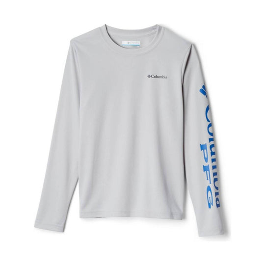 Light gray long-sleeve crewneck shirt with blue Columbia logo text on one sleeve