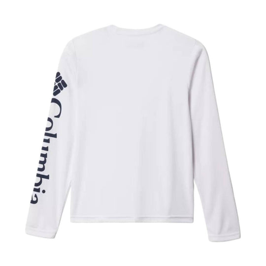 White long-sleeve crewneck shirt with dark Columbia logo text down one sleeve