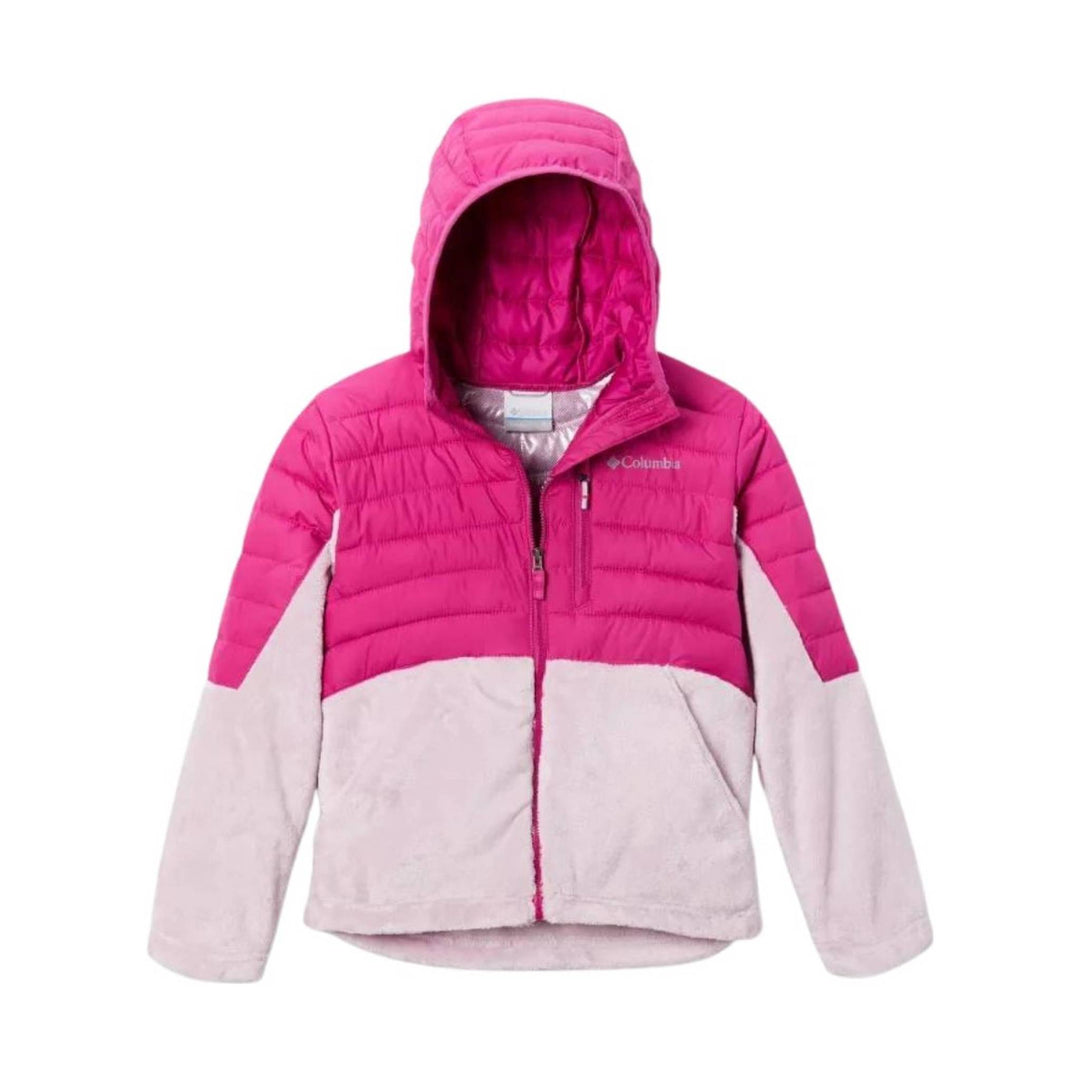 Pink and light gray hooded puffer jacket with front zipper and Columbia logo on chest