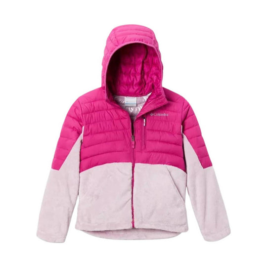Pink and light gray hooded puffer jacket with front zipper and Columbia logo on chest