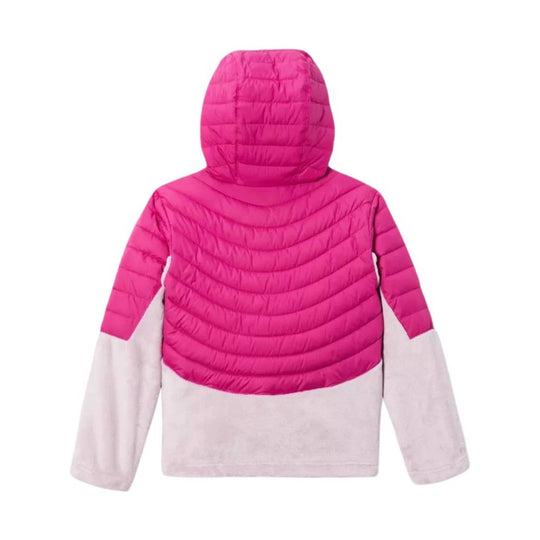 Pink hooded puffer jacket with light gray lower sleeves and hem, shown from the back