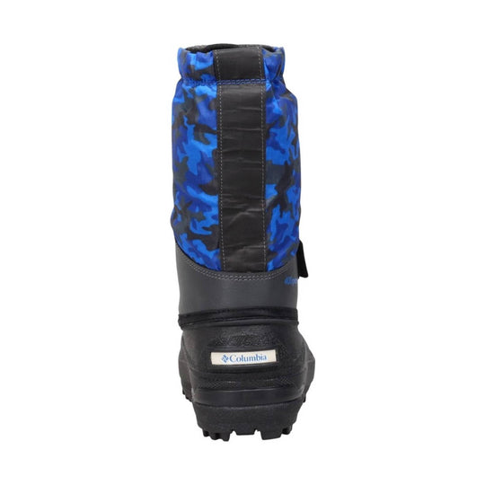 Blue-and-black winter boot with camouflage shaft, black lower shell, and Columbia logo patch on the heel