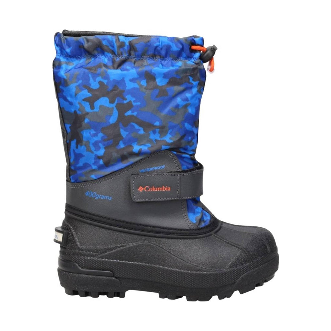 Blue and black insulated winter boot with a camo shaft, black rubber lower, and hook-and-loop strap.