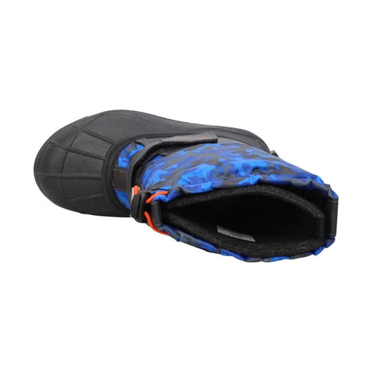 Blue and black insulated winter boot with a pull-on cuff and orange drawcord