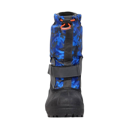 Blue-and-black insulated winter boot with orange toggle laces and a wide ankle strap, front view