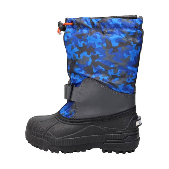 Blue and black insulated winter boot with a camouflage shaft, orange drawcord, and black rubber sole