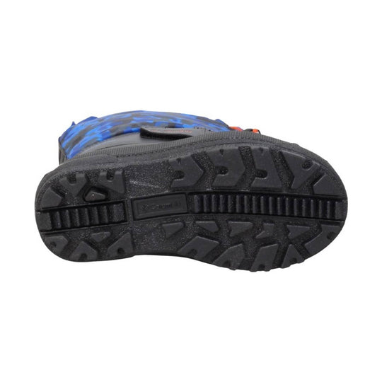 Black lugged winter boot sole with a Columbia logo and blue-and-black upper visible