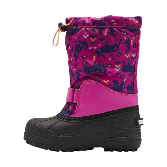 Magenta and navy kids winter boot with patterned shaft, pink lower panel, and black rubber sole
