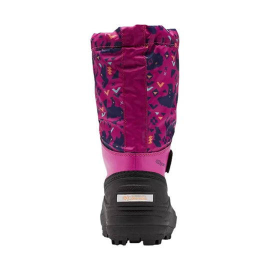 Pink and magenta winter boot with black rubber sole and patterned upper, shown from the back.