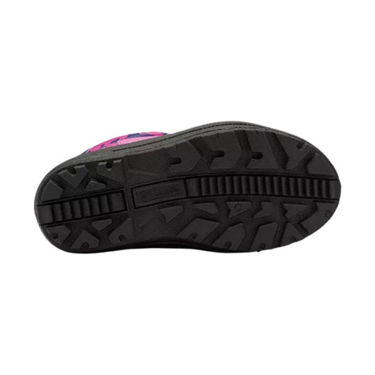 Black winter boot outsole with deep tread and purple-pink upper peeking at the heel