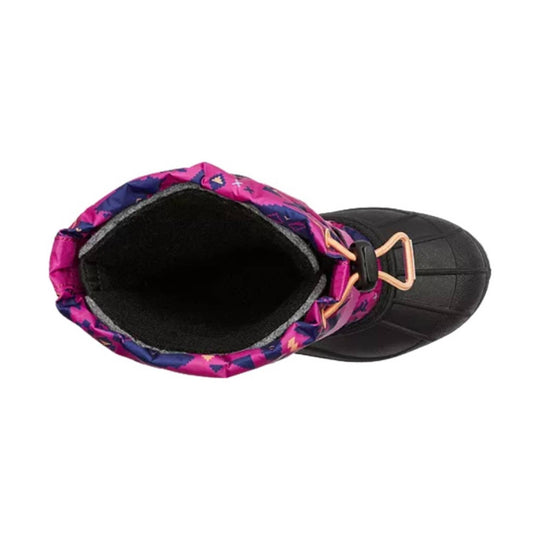 Black insulated winter boot with pink and purple patterned cuff and elastic lace toggle