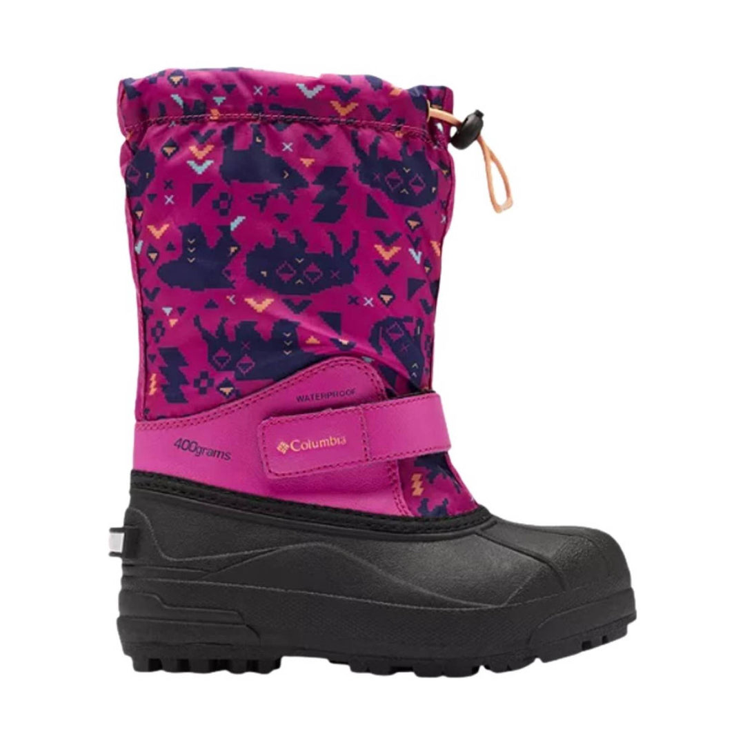 Pink and navy kids' winter boot with waterproof cuff, hook-and-loop strap, and black rubber sole
