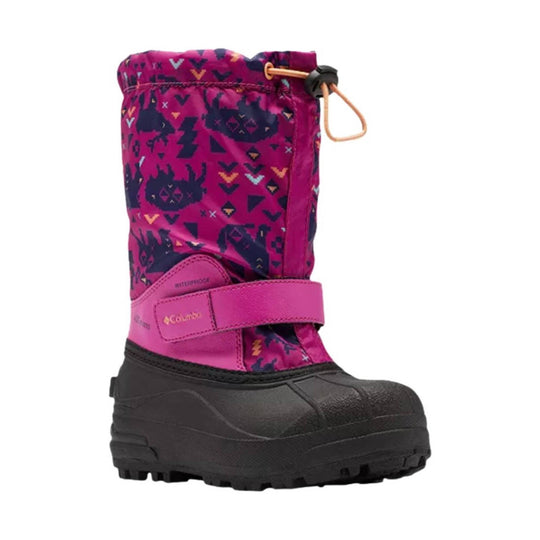 Pink and purple patterned winter boot with black rubber sole, hook-and-loop strap, and orange drawcord.