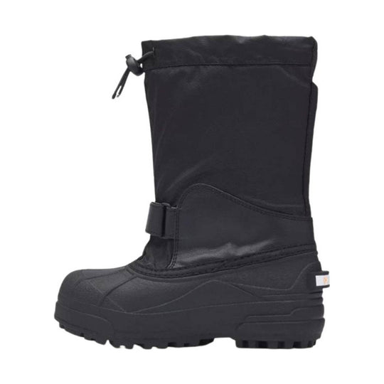 Black pull-on winter boot with a tall insulated shaft, drawcord top, and thick treaded sole
