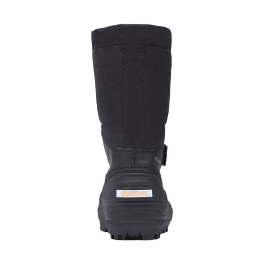 Black insulated winter boot with a rubber lower shell, treaded sole, and Columbia logo patch on the front