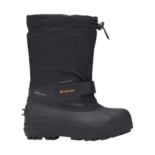 Black insulated winter boot with drawstring cuff, waterproof marking, and 400-gram label