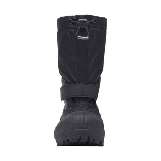 Black insulated winter boot with a tall nylon shaft, drawcord top, and thick treaded rubber sole