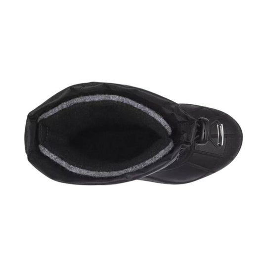 Black winter boot with a wide opening, gray fleece lining, and a side buckle strap, shown from above