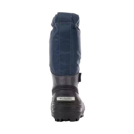 Rear view of a navy and black winter boot with a Columbia label on the heel