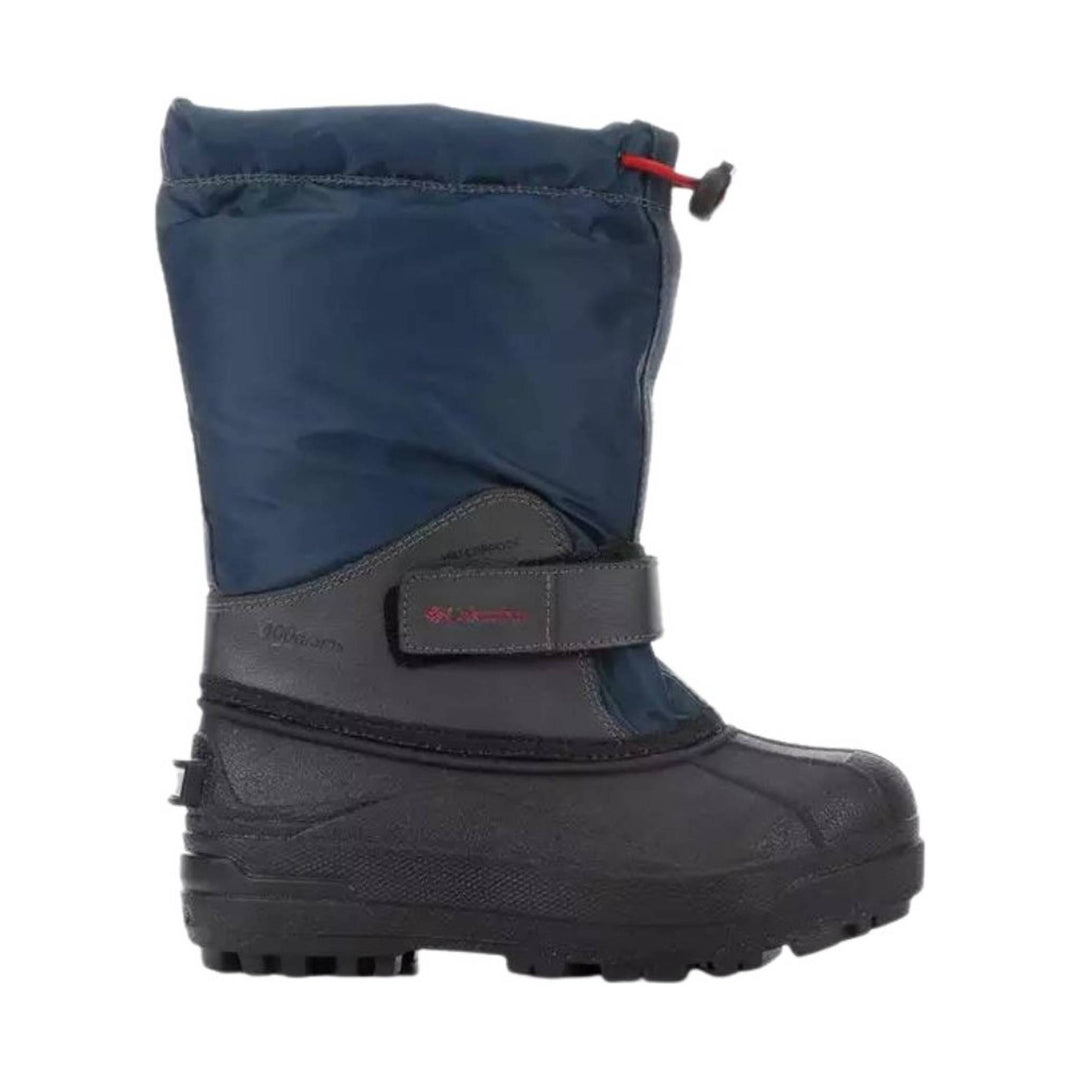 Blue and black winter boot with a tall insulated shaft, Velcro ankle strap, and thick lug sole.