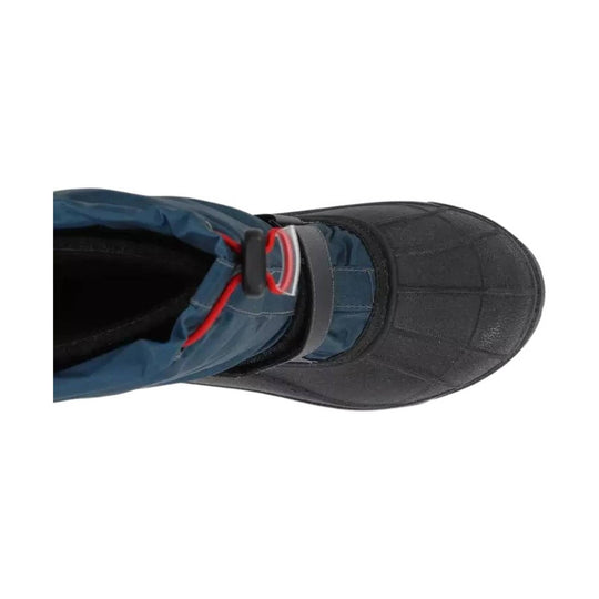Black winter boot with blue upper and red bungee laces, shown from above