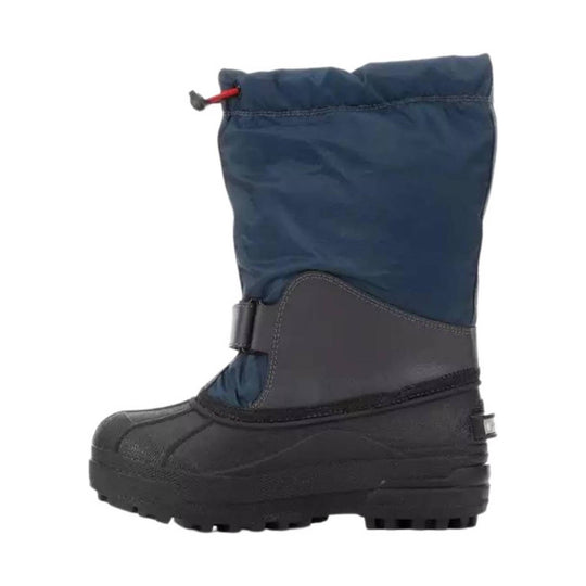 Side view of a blue and black insulated winter boot with a red drawcord at the top