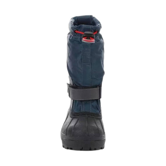 Blue winter boot with black rubber sole, red lace toggle, and wide ankle strap, shown from the back