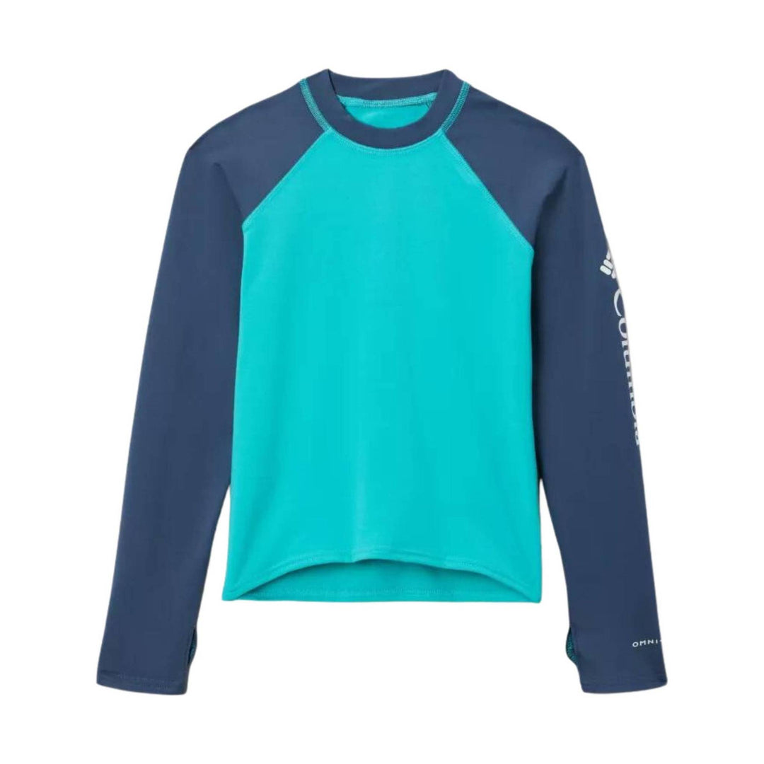 Long-sleeve colorblock sun shirt in teal and navy with Columbia branding on the sleeve