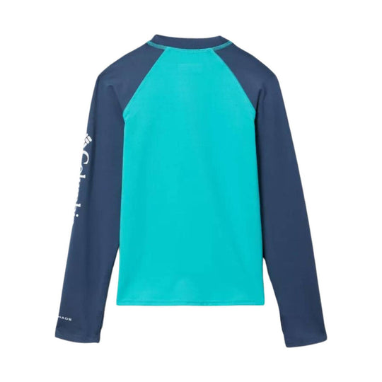 Long-sleeve colorblock rash guard shirt in aqua and navy with logo on the sleeve