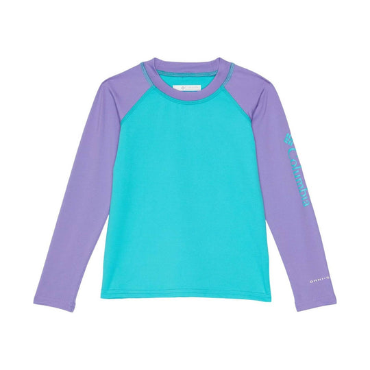 Long-sleeve rash guard shirt with teal body and lavender sleeves, with Columbia logo on the sleeve
