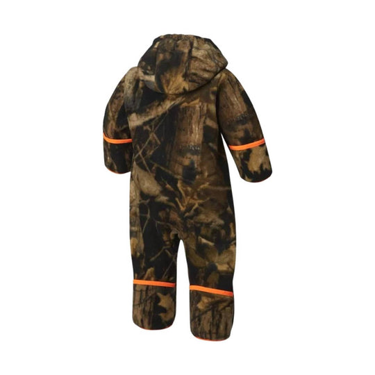 Brown and black camouflage hooded bunting suit with orange trim on the sleeves and legs