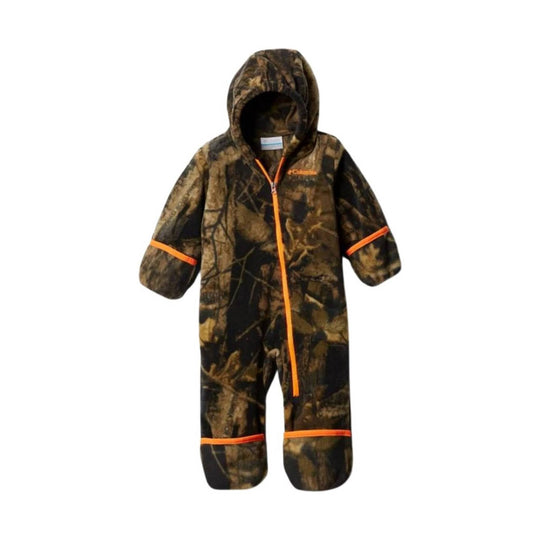 Camo hooded snowsuit with orange zipper and trim