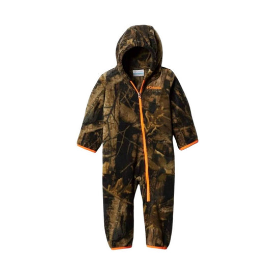Camouflage hooded toddler snowsuit with orange zipper trim