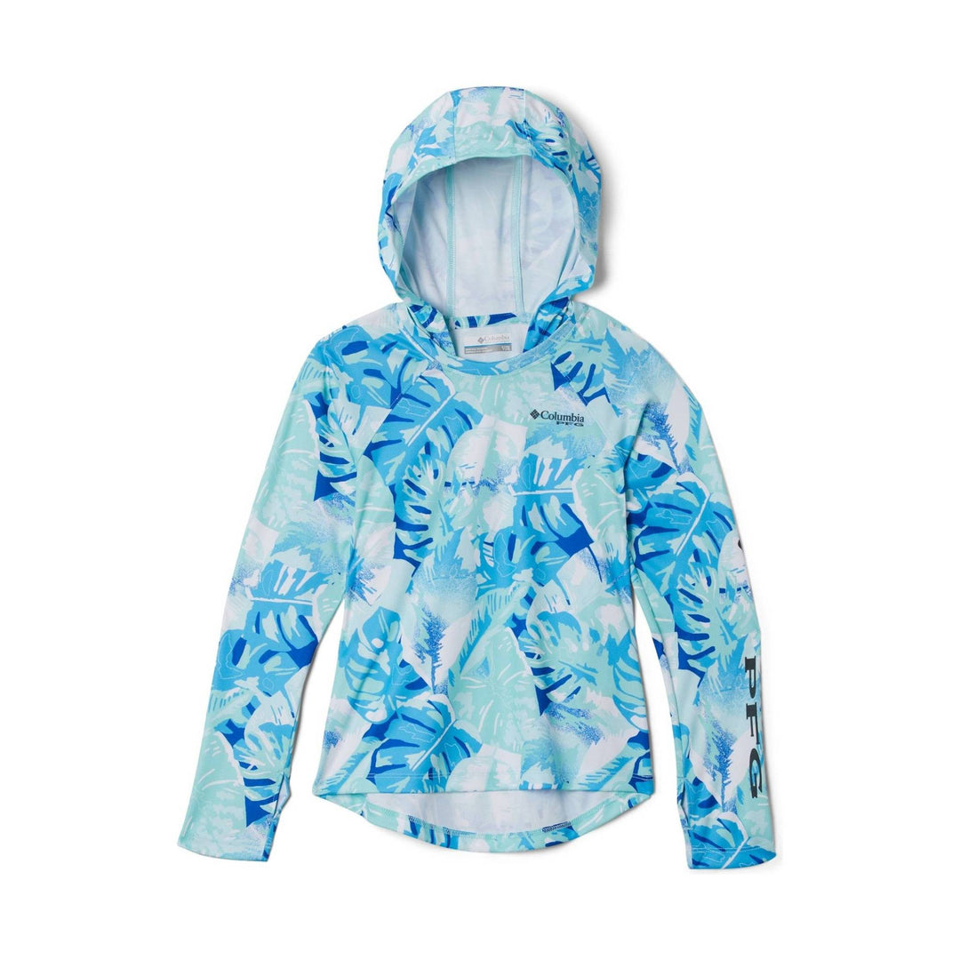 Light blue and teal patterned hooded kids' long-sleeve shirt with Columbia logo