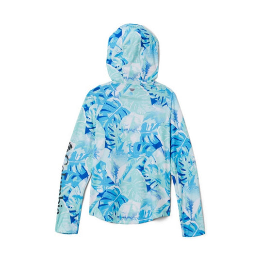 Blue and aqua tropical-print hooded long-sleeve pullover, back view