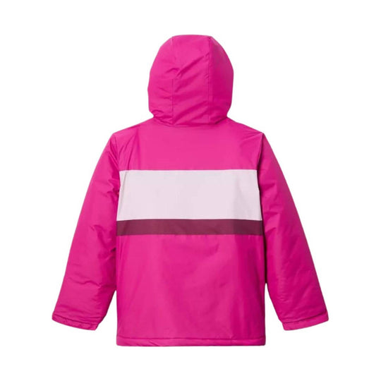 Bright pink kids' hooded jacket with a white chest stripe and dark maroon band
