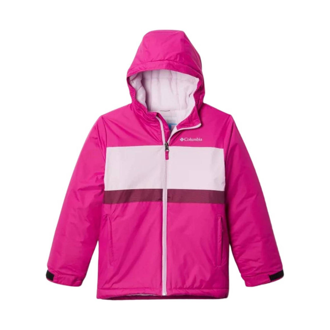 Pink and white hooded kids' jacket with Columbia logo and zip front
