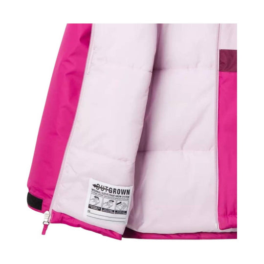 Pink and white insulated jacket lining with a visible care/feature label near the hem