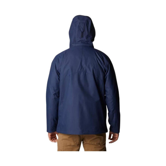 Navy hooded jacket shown from the back