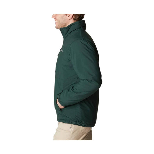 Dark green zip-up jacket shown in side view with a high collar and hand pockets.
