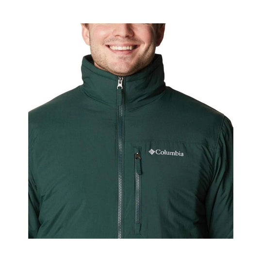 Dark green zip-up jacket with a high collar, chest pocket, and Columbia logo on the chest