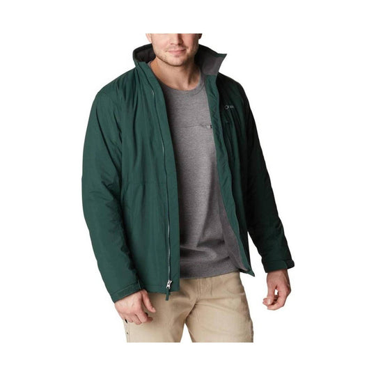 Dark green zip-front jacket with a stand collar, shown open over a gray T-shirt.