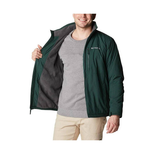 Men's dark green zip-up jacket with gray fleece lining, worn open over a gray T-shirt