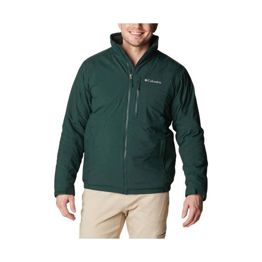 Dark green zip-front jacket with stand collar and chest pocket, worn by a model