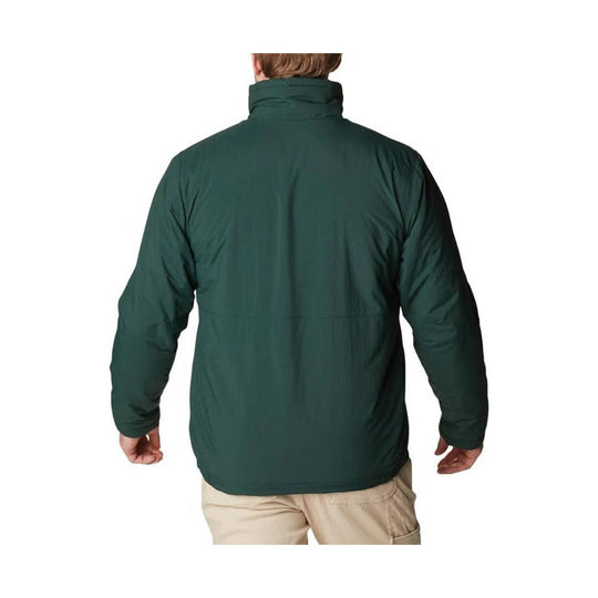 Dark green insulated jacket shown from the back on a model, with a high collar and long sleeves