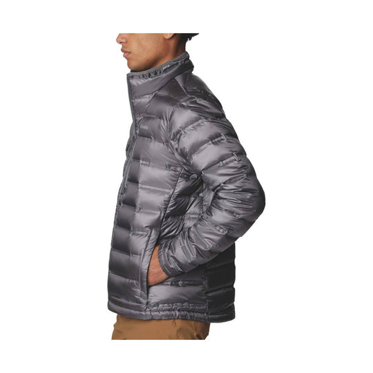 Gray quilted puffer jacket with front zipper and side hand pocket, side view