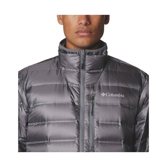 Gray puffer jacket with high collar, front zipper, chest pocket, and Columbia logo