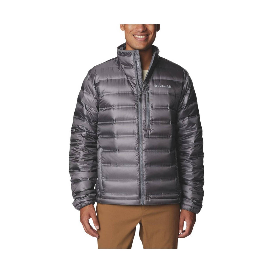 Gray quilted puffer jacket with full-length zipper and Columbia logo on the chest